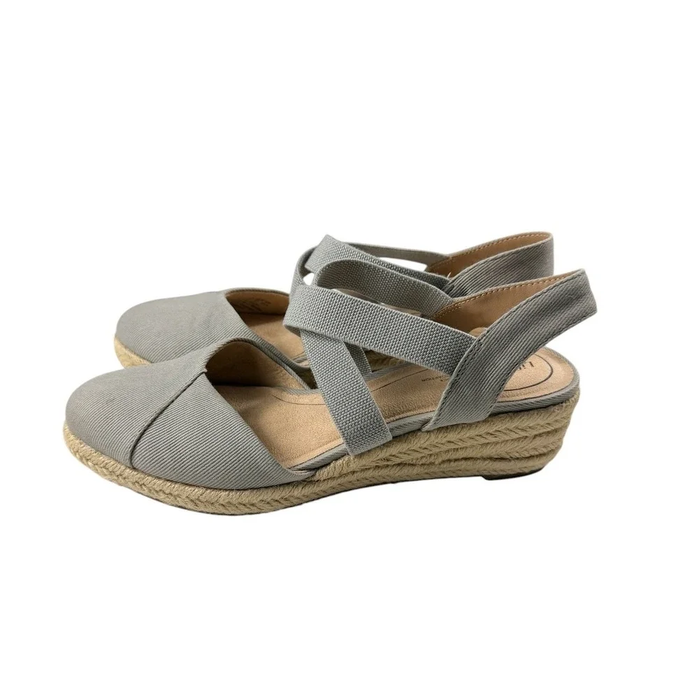 LifeStride Kimmy Grey Fabric Espadrille Wedge Sandals Womens 7W Round Toe Casual